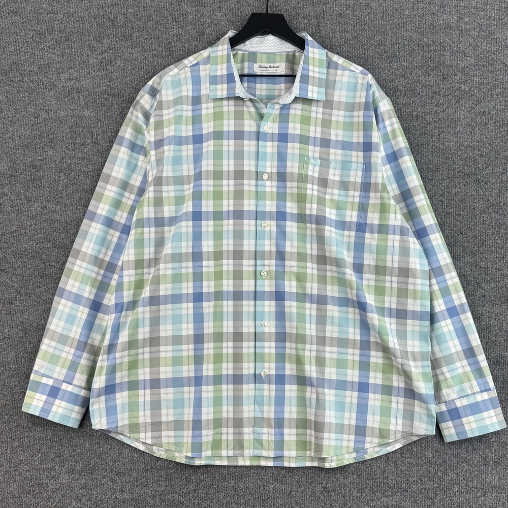 Tommy Bahama Sarasota Stretch Shirt Mens XXL Blue Green Plaid Long Sleeve